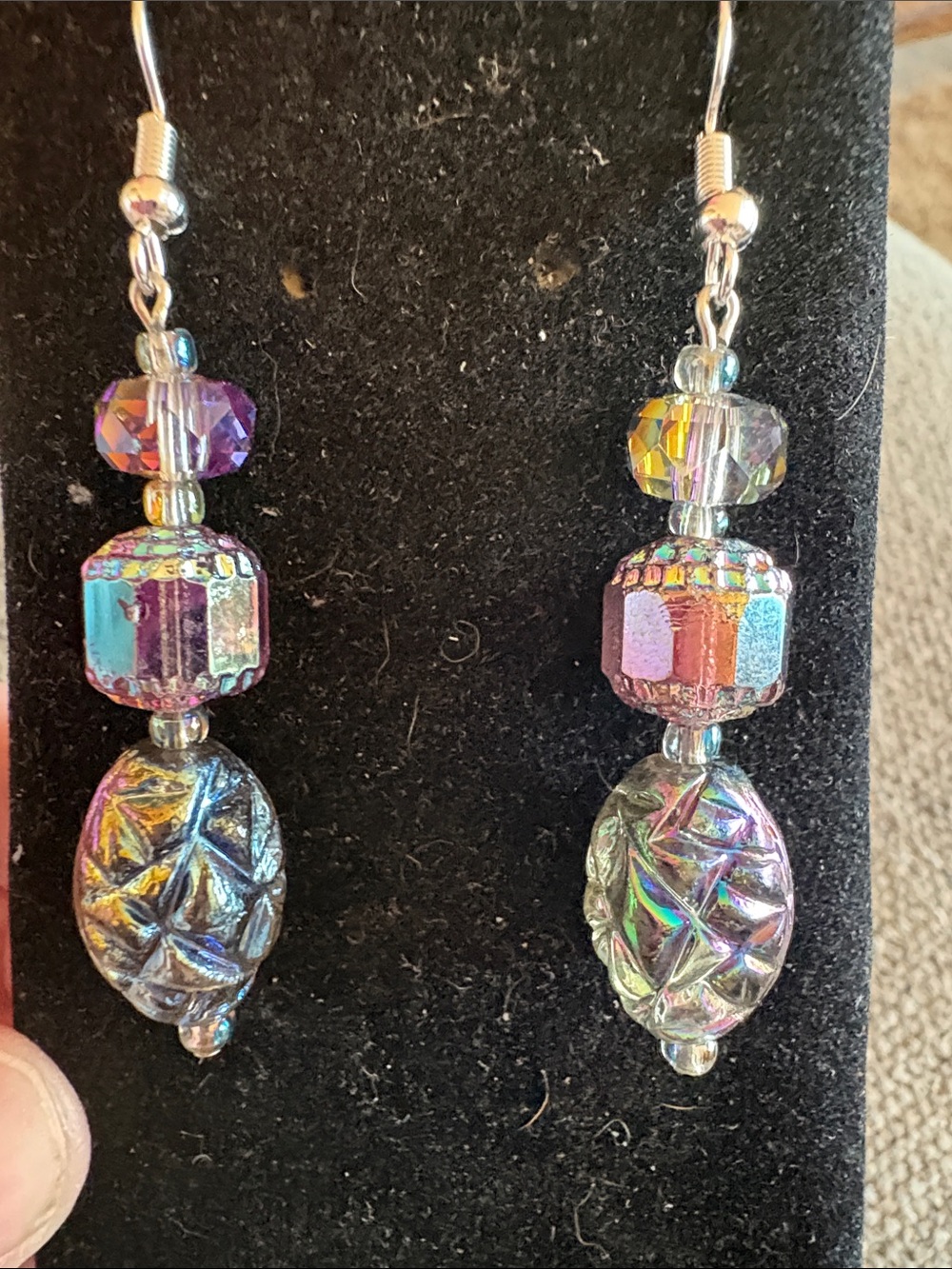 Hand Crafted Iridescent Czech Glass Blue Purple Pink Glass Drop Earrings